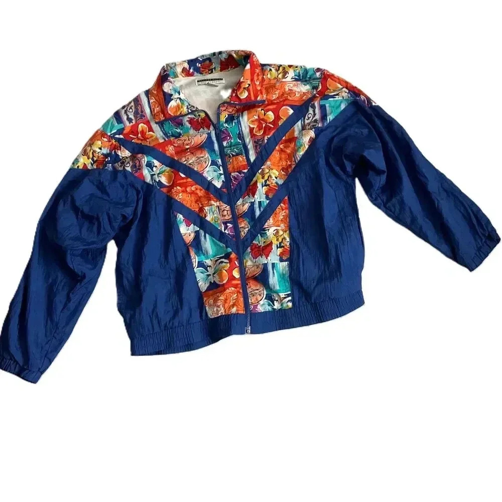 Jennifer Moore‎ Blue Floral Colorblock Vintage Windbreaker Jacket XL